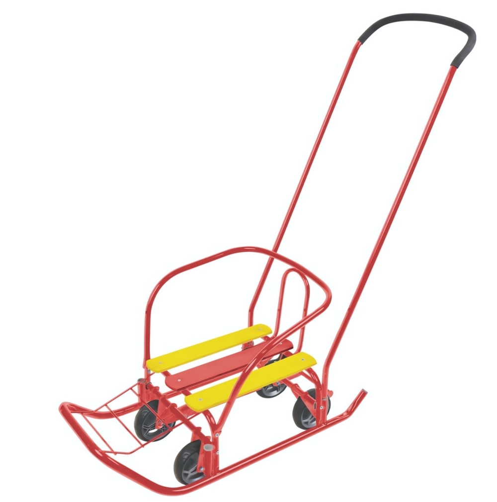 Санки детские зимние ВЕТЕРОК 7 УНИВЕРСАЛ АЛЫЙ выдв.колес. база, ручка 2 полож., полозья d-20, сиденье 380*252 мм, съем. спинка NIKA В7У/АЛ2