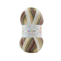 Беби бест батик (Baby best batik) пряжа Alize 10% бамбук 90%акрил 5х100г/240м 1893 бело-коричнево-зеленый