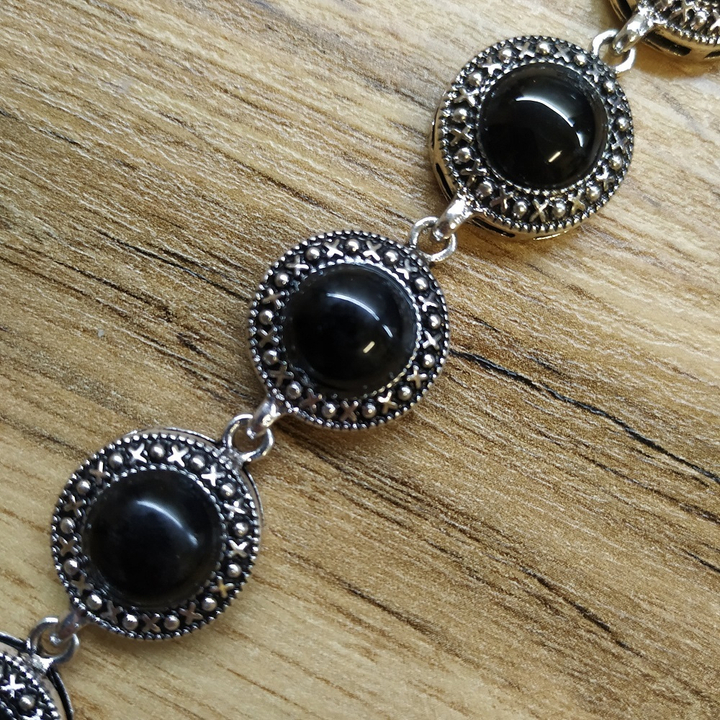 Браслет с агатом черным, металл, 7 кругов 17 мм, 19 см