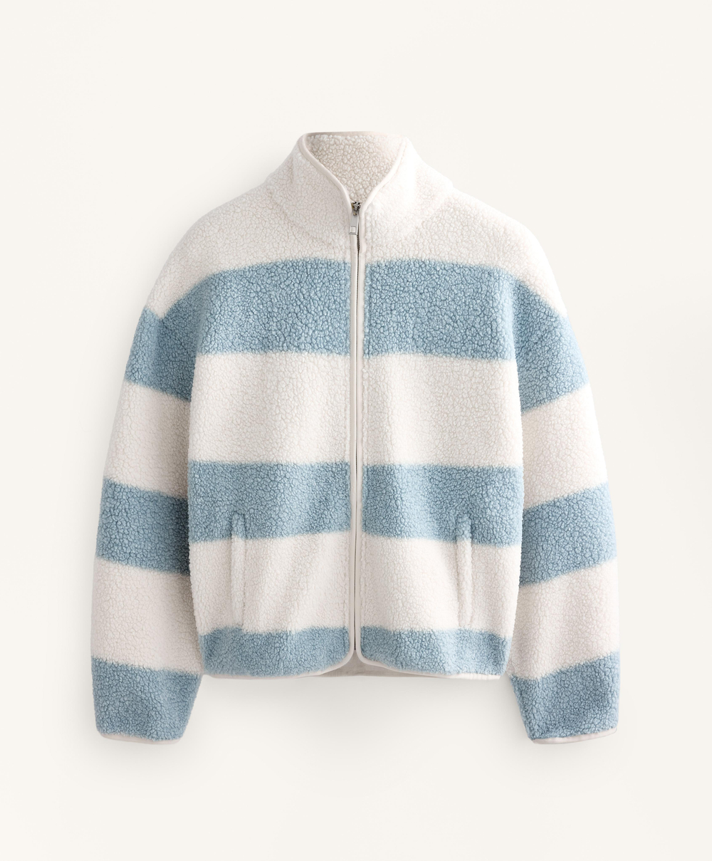 Oysho Куртка-бомбер из искусственной овчины в полоску, пыльно-синий