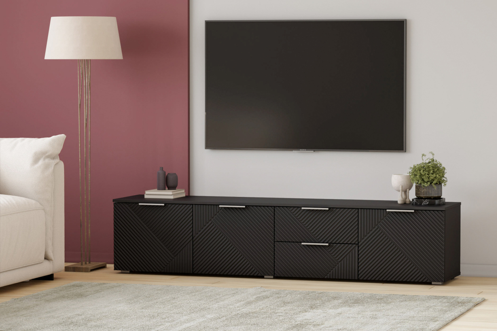 ТВ-тумба Салерно NEW 1 (МДФ) 23006 Софт Черный агат Черный 0190 PE 197*42*43 см, Черный   Фиеста