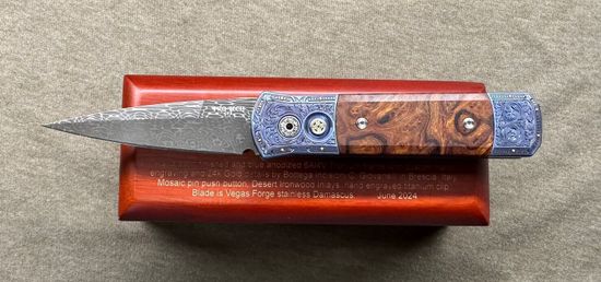 Нож автоматический Pro-Tech ULTIMATE CUSTOM GODSON Bottega Incisioni - клинок Vegas Forge Damascu, рукоять титан, золото 24К, всечка + поарочная коробка