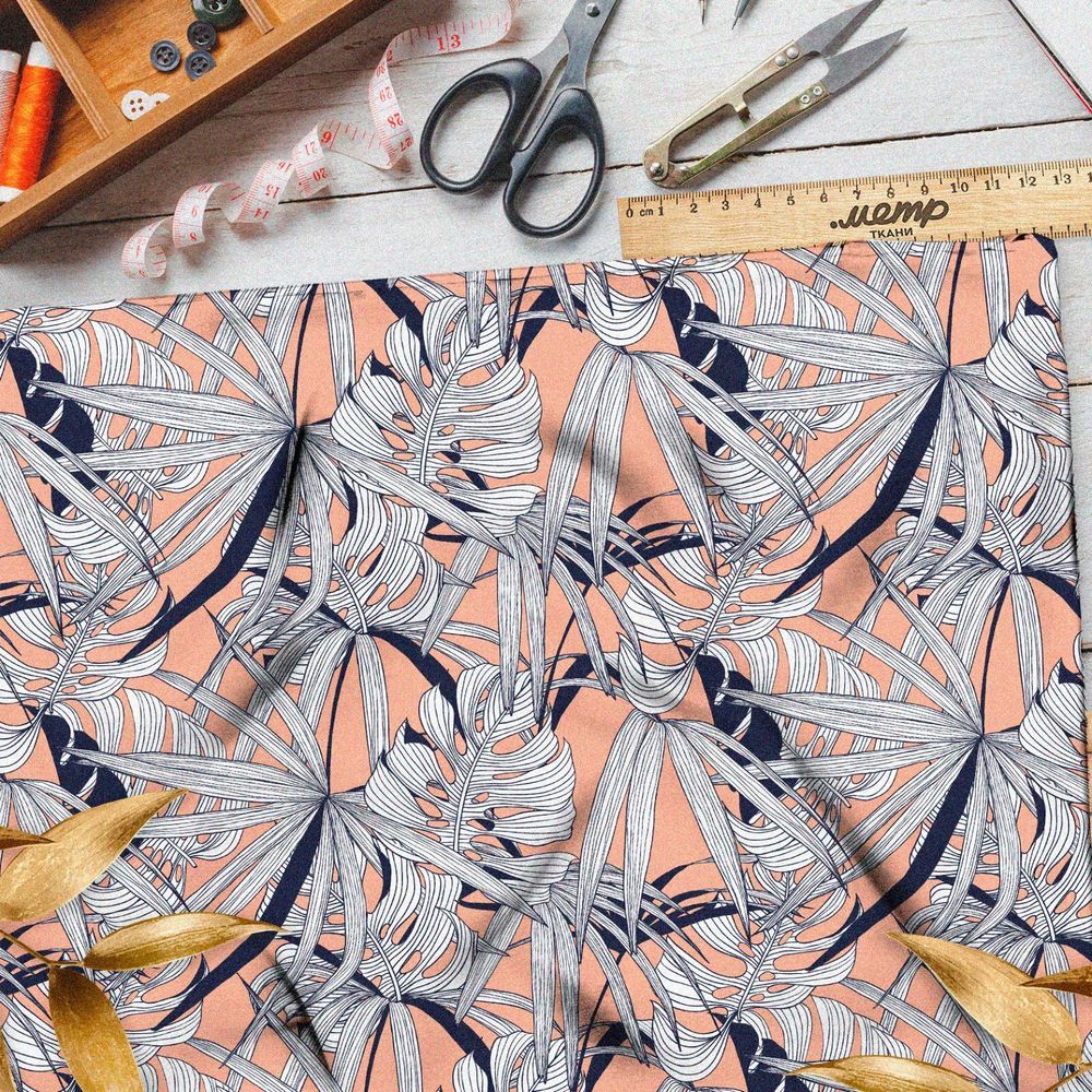 Ткань сатин листья монстеры белые