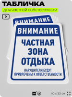 Табличка для частной территории "Внимание, частная зона отдыха", на дом, для участка, организаций, предупреждающая, 40х30 см, Silver Plane x Айдентика Технолоджи