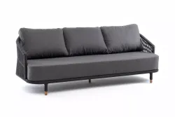 "Верона" диван 3-местный плетеный из роупа, каркас алюминий темно-серый (RAL7024) муар, роуп темно-серый круглый, ткань темно-серая 027