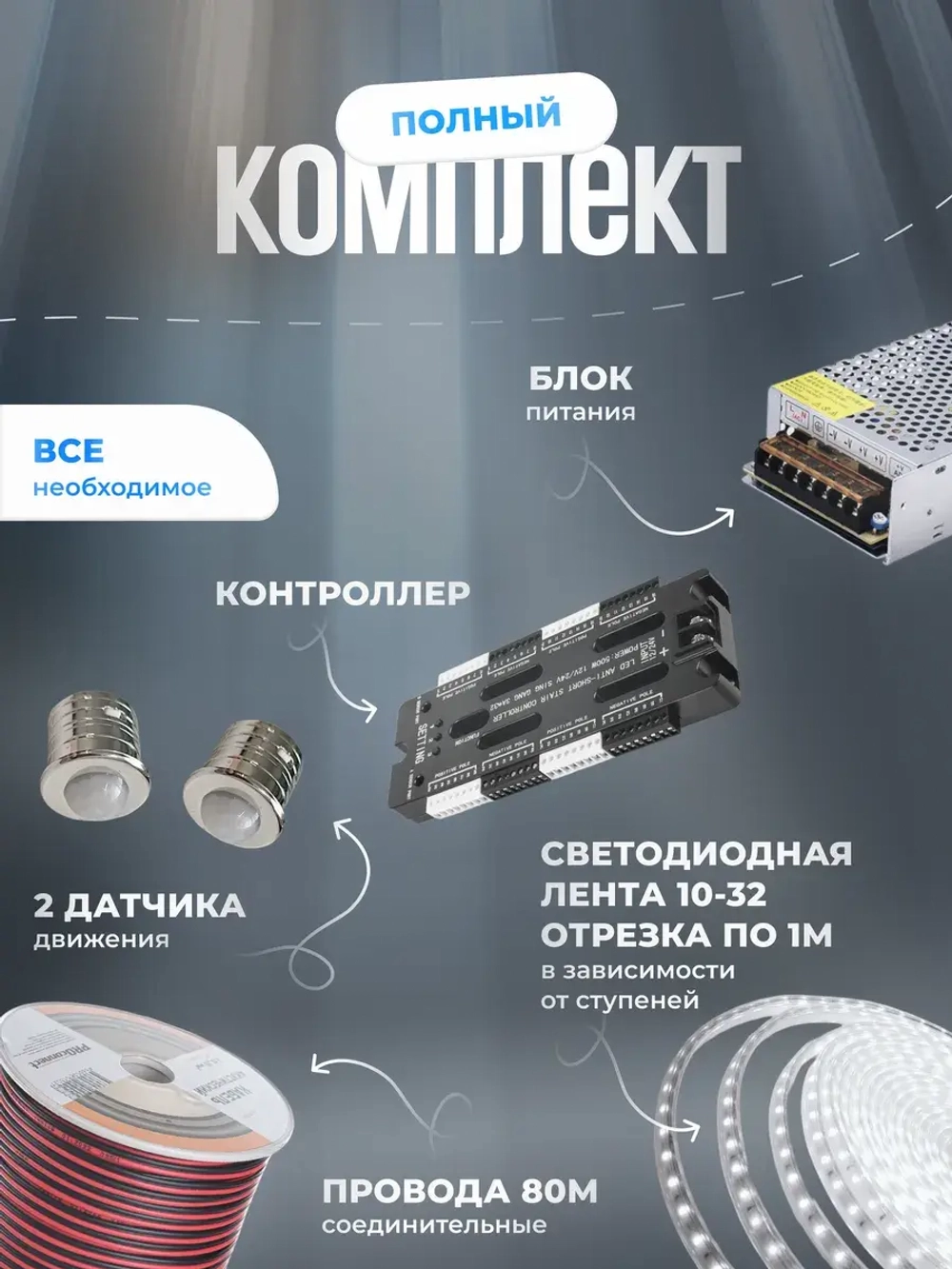 Автоматическая подсветка лестницы 10 ступеней холодный свет