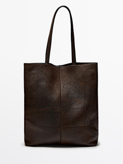 Massimo Dutti Сумка-тоут из замши с потрескавшейся отделкой, коричневый