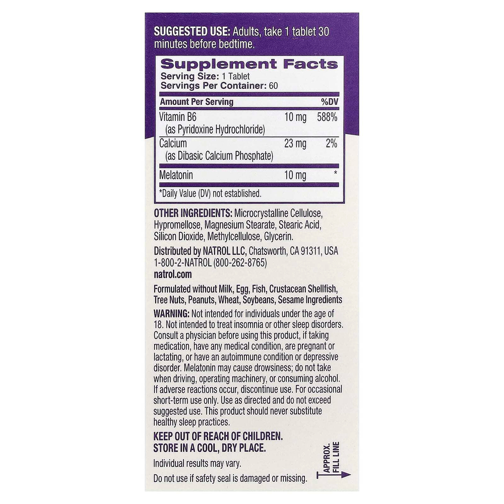 Natrol, мелатонин, медленное высвобождение, 10 мг, 60 таблеток