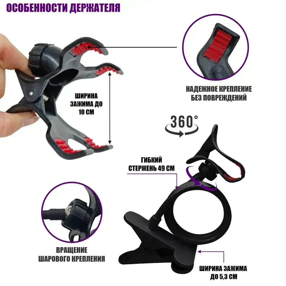 Светильник патрон с выключателем и кабелем на гибком черном держателе с пластиковым зажимом для стола