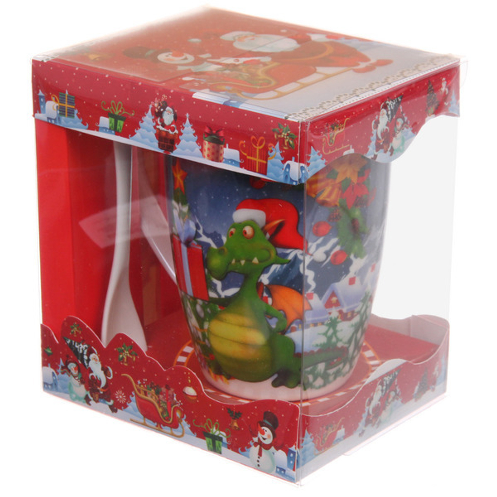 Кружка керамическая 370мл «Дракончик с подарком» с ложкой в подарочной коробке