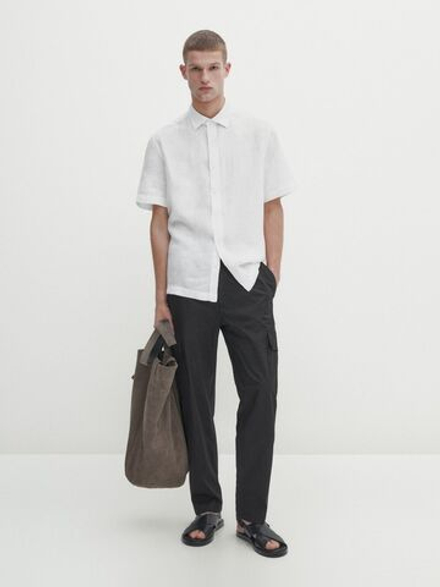 Massimo Dutti Рубашка из 100% льна с короткими рукавами,  белый