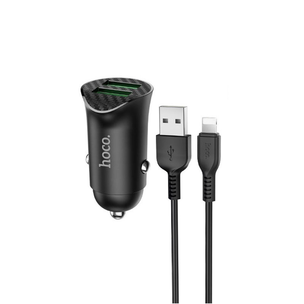 Разделитель автомобильный Hoco Z39 Farsighted dual port QC3.0 Car charger с кабелем Lightning (2USB: 3.6V-6.5V &amp; 3A 18W) Черный