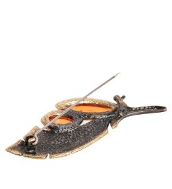 AM-1961 Брошь «Перышко Счастья» (латунь, янтарь)