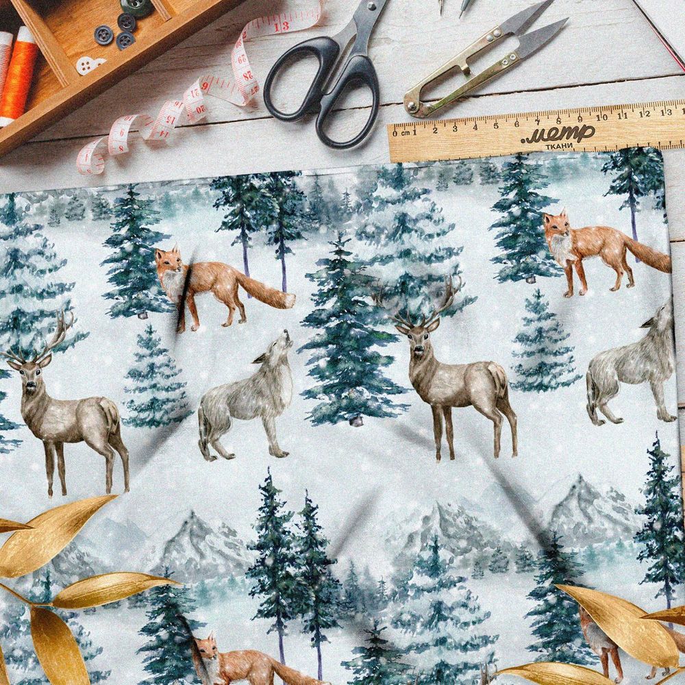 Ткань бязь животные в заснеженном лесу