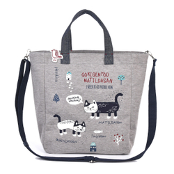 Тоут 2-в-1 с кошкой "MATILDAsan", c ремнем через плечо, на молнии, серый шелк, 23-6632-1, KUSUGURU