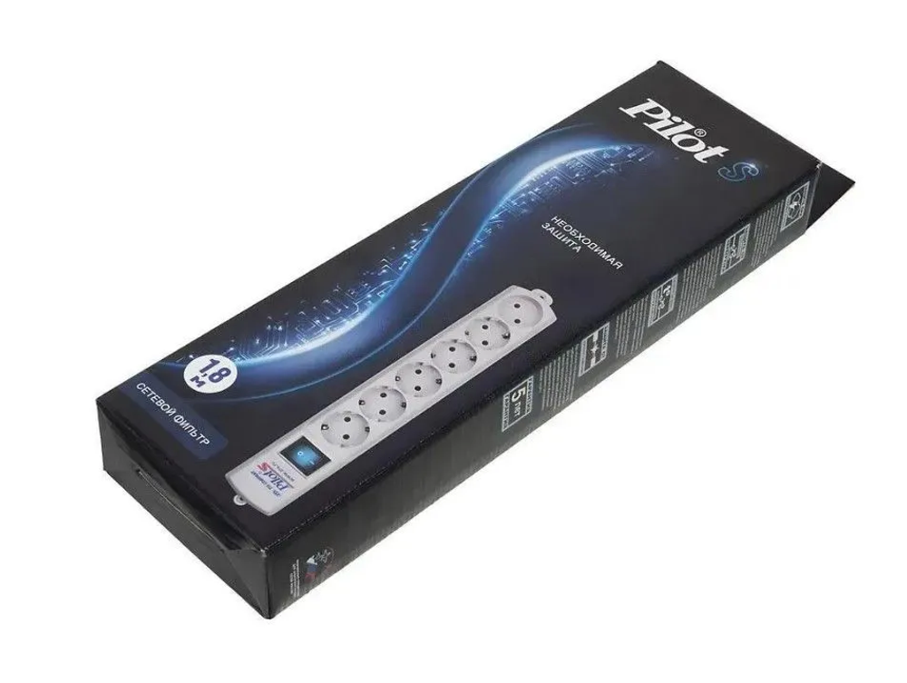 Сетевой фильтр Pilot S 6 розеток (5 евро + 1 без заземления) 1.8 м/ Surge protector Pilot S 6 outlets (5 euro + 1 without ground) 10A / 2.2kVt, 1.8m