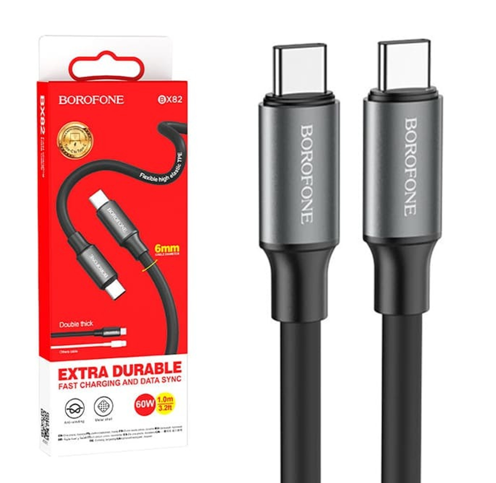 Кабель TypeC - TypeC BOROFONE BX82 60W 6mm (черный) 1м