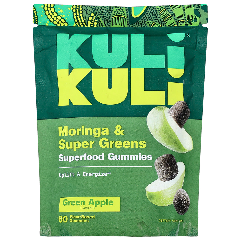 Kuli Kuli, Жевательные мармеладки Superfood, моринга и зелень, зеленое яблоко, 60 жевательных таблеток на растительной основе