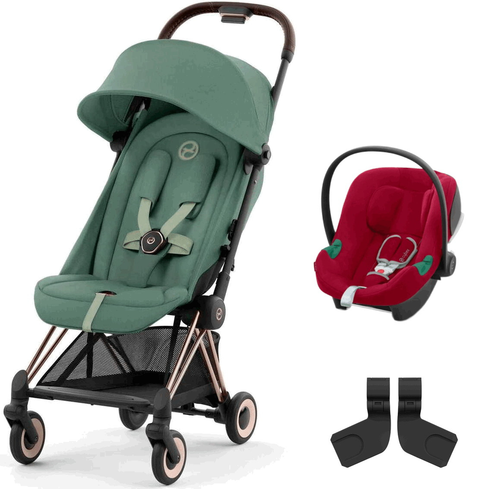 Коляска Cybex Coya Rosegold Frame Aton B2 i-Size Dynamic Red Leaf Green с дождевиком и бампером