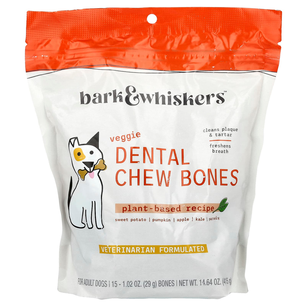 Dr. Mercola, Bark & Whiskers ™, Dental Chew Bones, для взрослых собак, вегетарианский продукт, 15 костей, 29 г (1,02 унции)