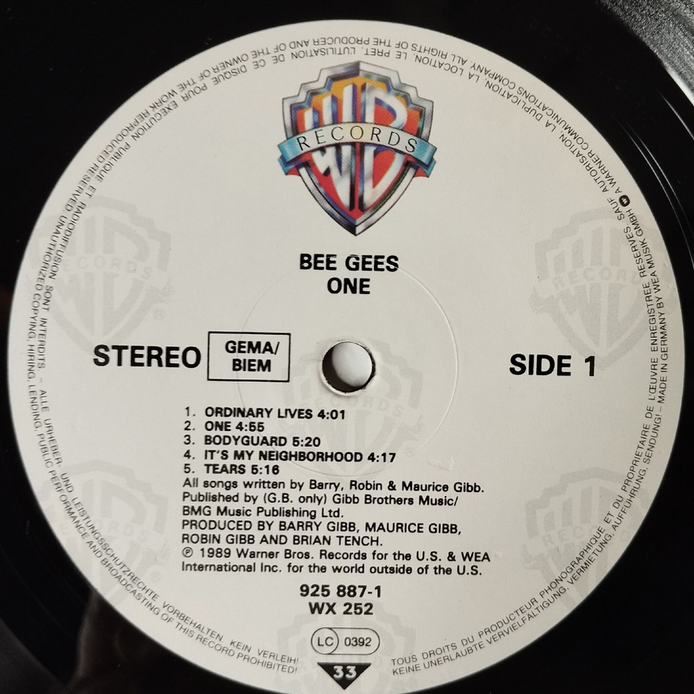 Винтажная виниловая пластинка LP Bee Gees One (Germany 1989)