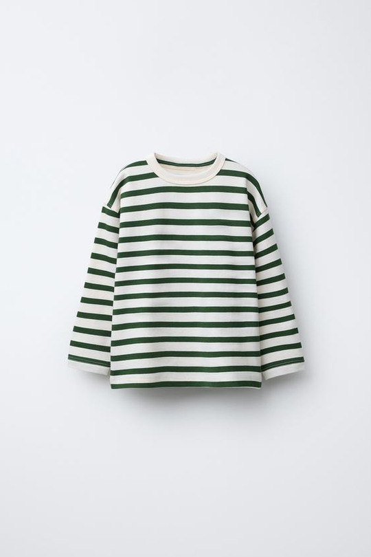 ZARA ФУТБОЛКА В ПОЛОСКУ С ВЫШИВКОЙ, ЗЕЛЕНЫЙ
