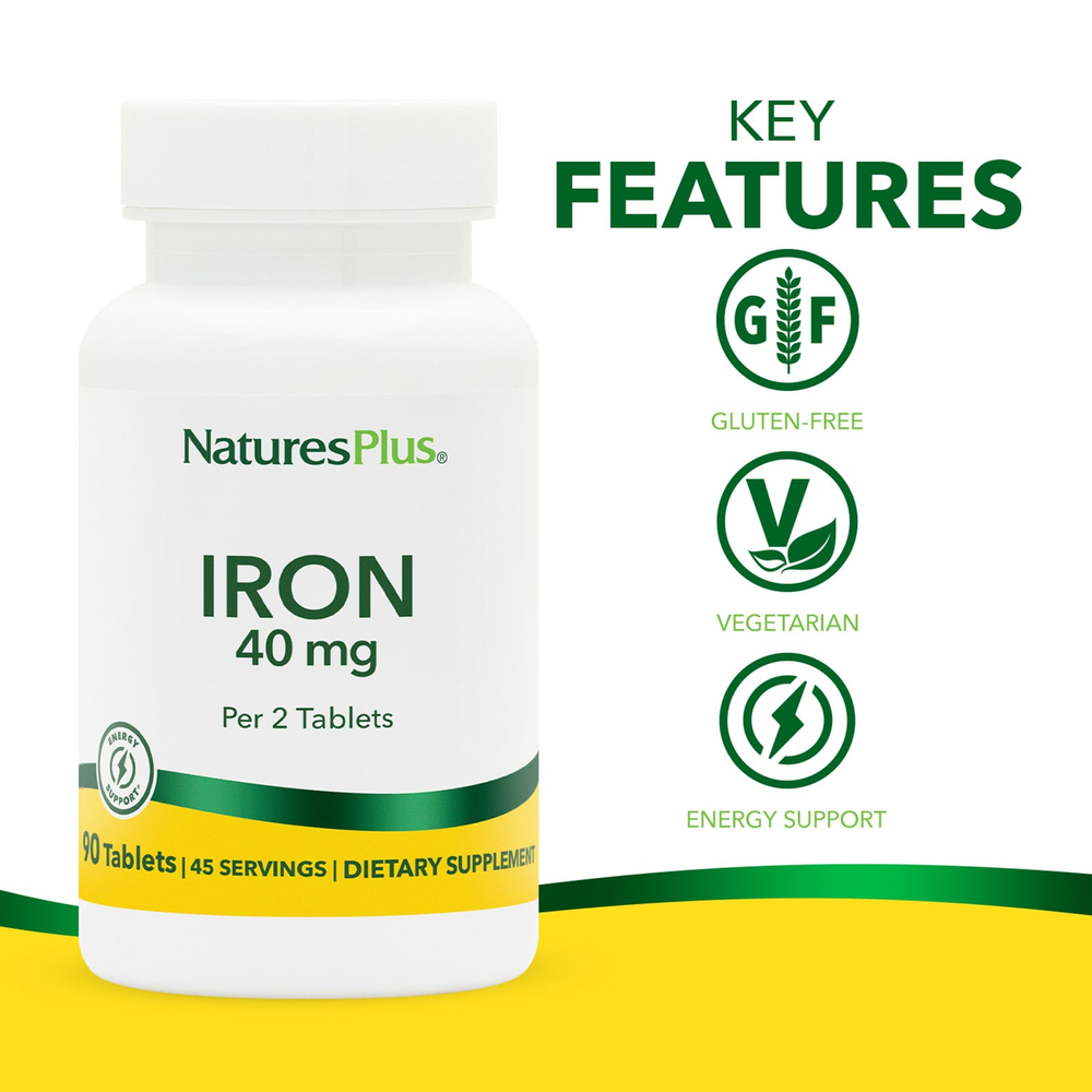 NaturesPlus, железо, 40 мг, 90 таблеток (20 мг в 1 таблетке)