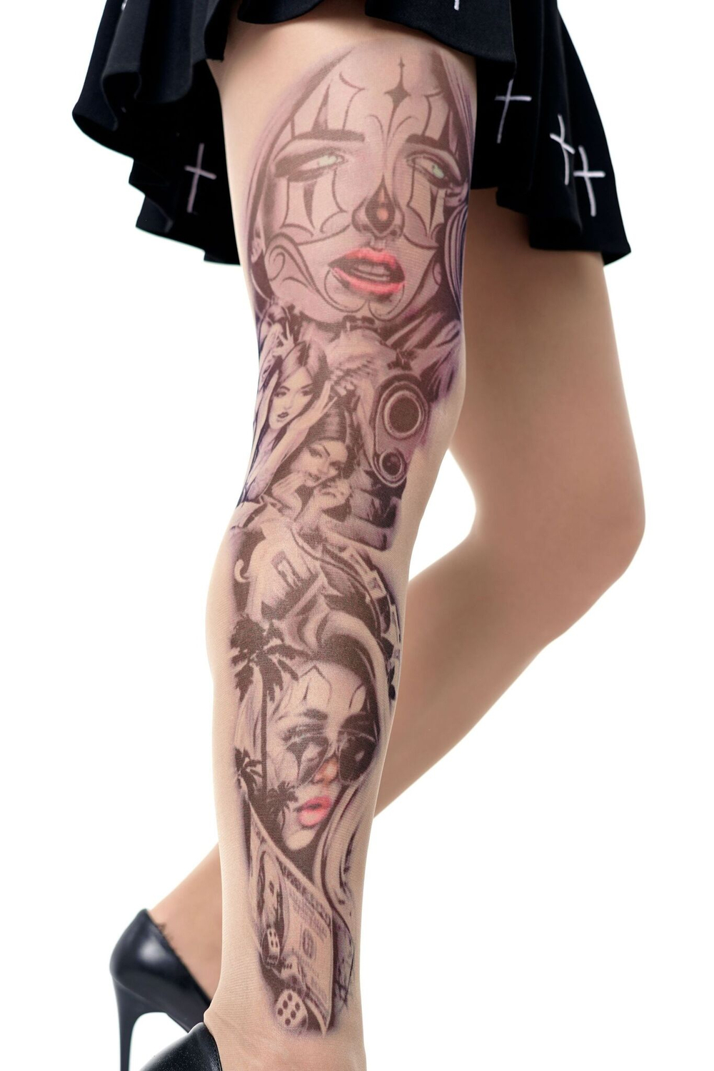 Колготки с принтом в виде девушек-клоунесс (Размер: S-M-L) (Цвет: бежевый)