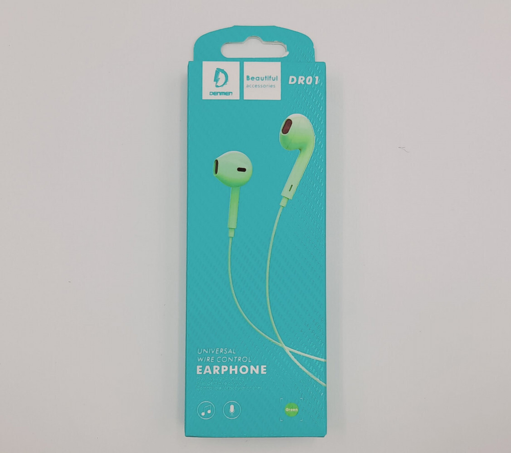 Гарнитура DENMEN DR01, вкладыши, разъем Jack, кабель 1.2 м Green