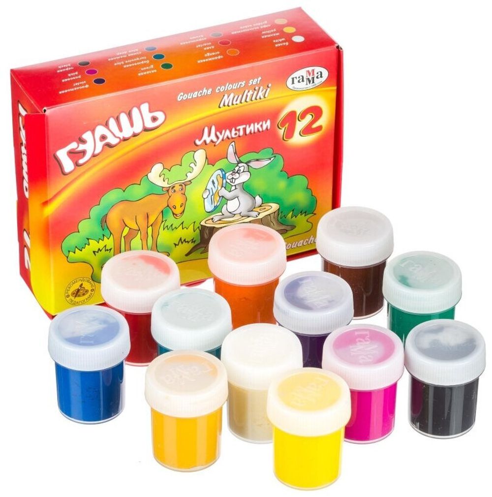 Гуашь ГАММА "Мультики", 12 цветов по 40 мл, без кисти, картонная упаковка, 221032Н