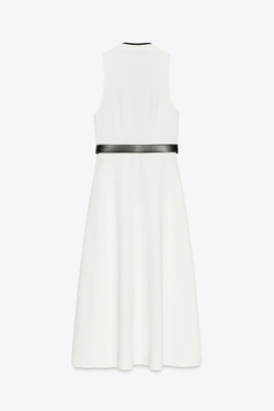 ZARA ПЛАТЬЕ МИДИ С КОНТРАСТНОЙ ОТДЕЛКОЙ И ПОЯСОМ, ЖЕЛТОВАТО-БЕЛЫЙ