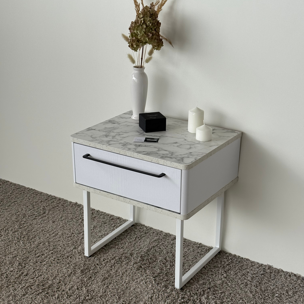 Тумба прикроватная на ножках ROYAL 5201 эко (Мрамор Каррара-Белый-р.черная)