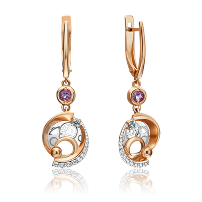 Серьги «Парад планет» с английским замком из комбинированного золота с миксом камней