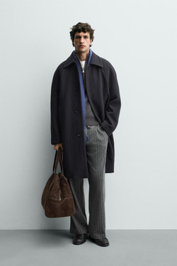 ZARA ПАЛЬТО ИЗ СТРУКТУРНОЙ ШЕРСТИ, МОРСКОЙ СИНИЙ