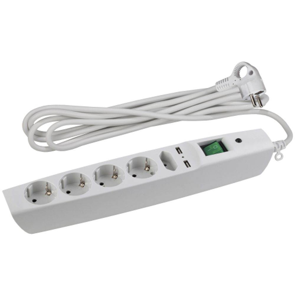 Сетевой фильтр ЭРА SFU-5es-2m-W с надежной защитой с заземлением с выключателем 5 розеток 2xUSB 2м 10А белый