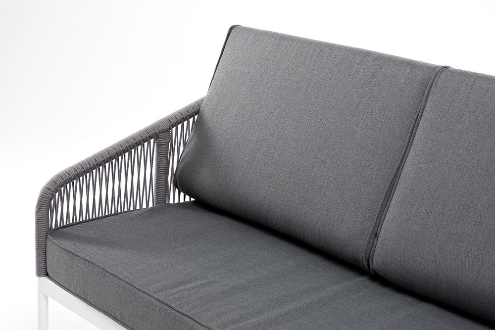 "Канны" диван 3-местный плетеный из роупа, каркас алюминий белый муар, роуп светло-серый круглый, ткань темно-серая 027