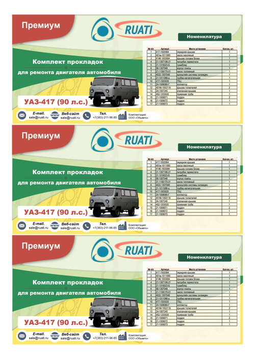 Комплект прокладок  двигателя УАЗ-417  (полный)  ПРЕМИУМ (герметик+силикон)  "RUATI"