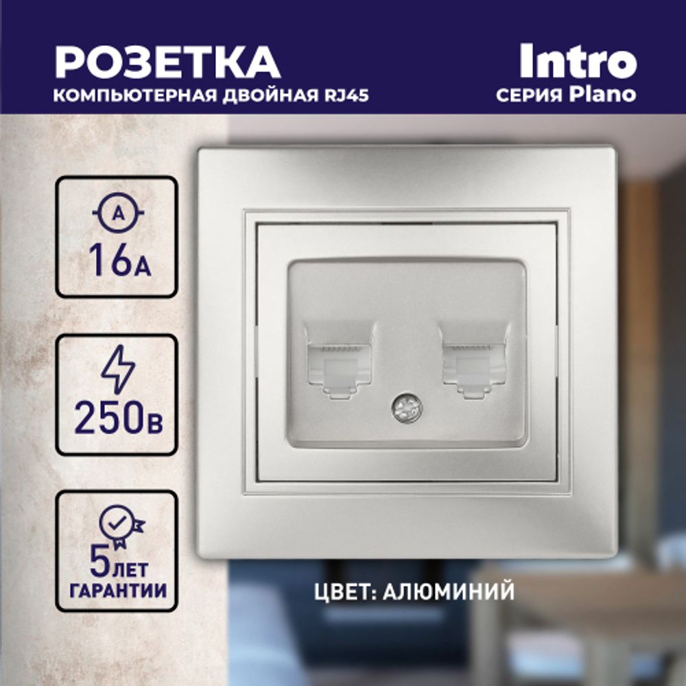 Розетка Intro Plano 1-304-03 информационная двойная 2xRJ45, СУ, алюминий