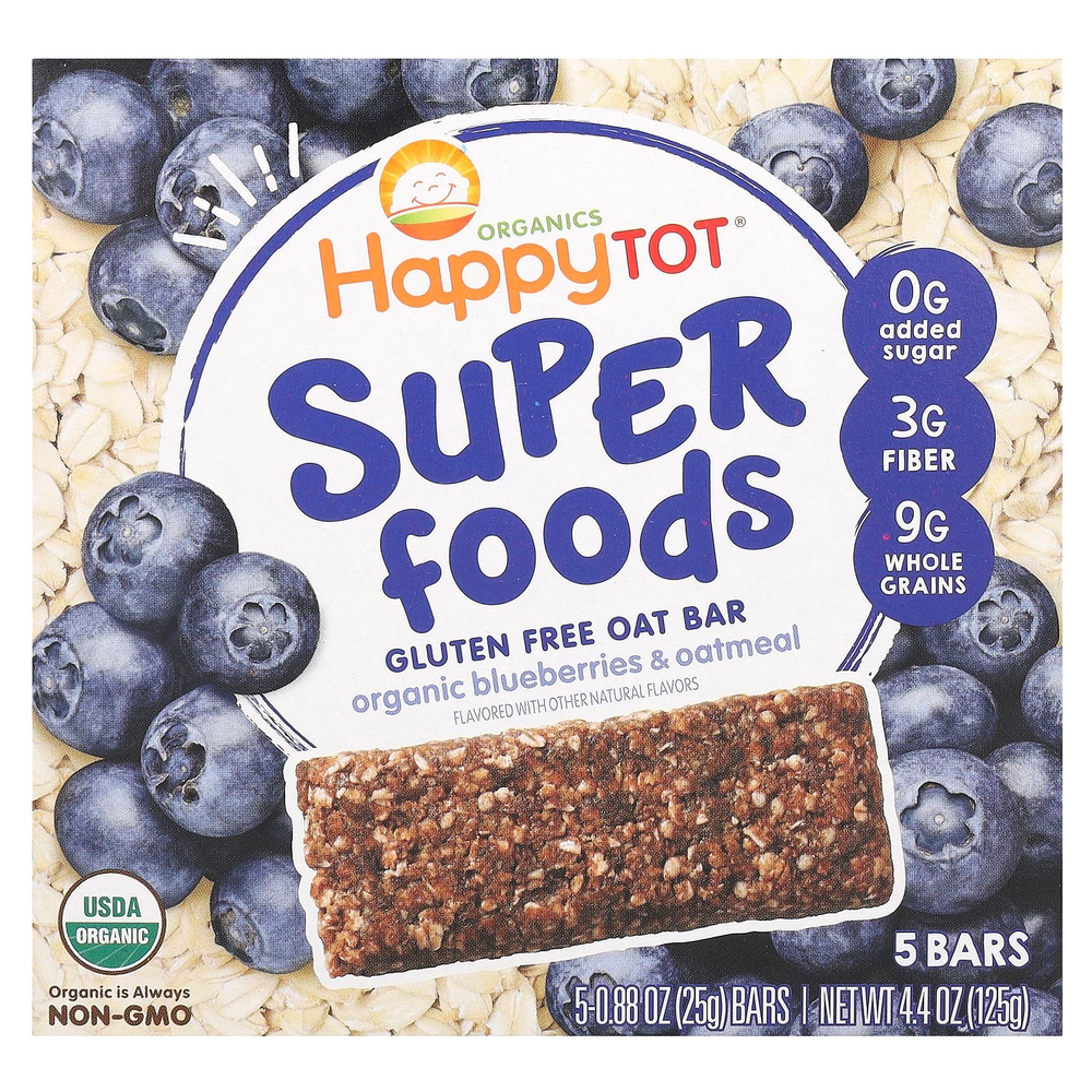 Happy Family Organics, Happy Tot, суперфуды, овсяный батончик без глютена, органическая черника и овсянка, 5 батончиков, 25 г (0,88 унции)