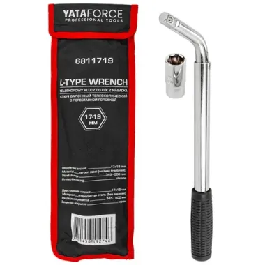 Ключ балонный Г-образный телескопический 1/2''(L min 340мм, L max 490мм) с прорезин.рукояткой в комплекте с переставной головкой 1/2''17х19мм, в чехле YATAFORCE YF-6811719