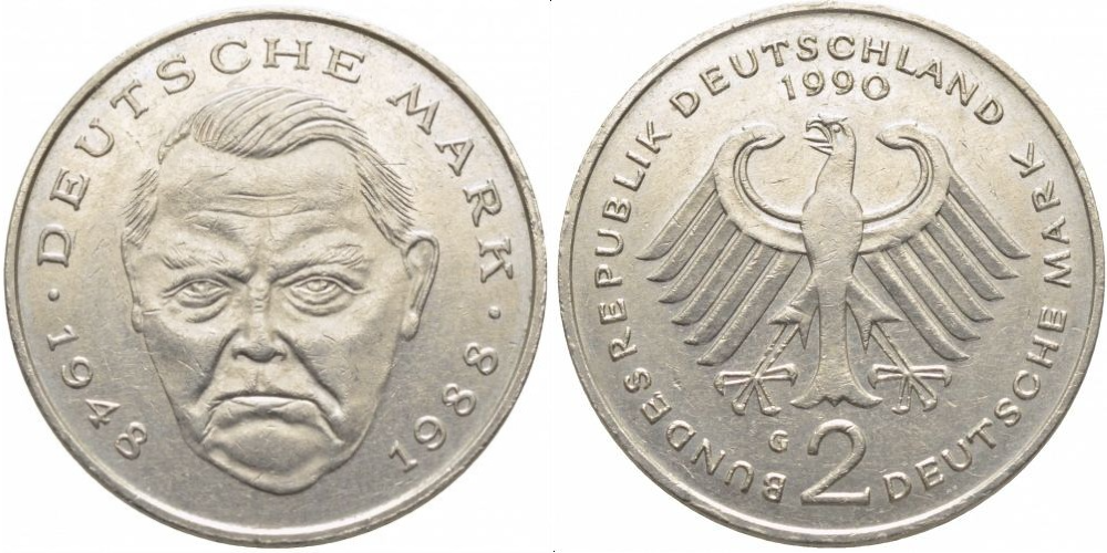 Германия 2 марки, 1988 - 2001 Людвиг Эрхард XF