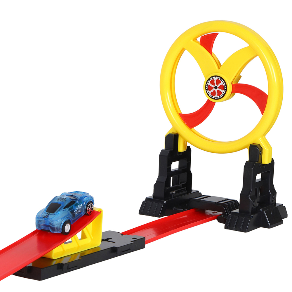 0404295/Трек со светом с пусковым устройством, 2 мертвые петли, трамплин и "пропеллер" + 2 инерц. м