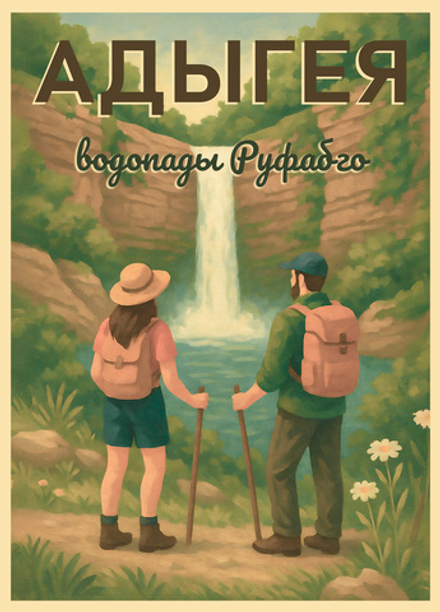 Постер «Адыгея. Водопады Руфабго» — ретро-пейзаж туристического маршрута