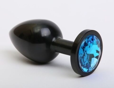 Чёрная анальная пробка с голубым стразом - 8,2 см. (Цвет: голубой)