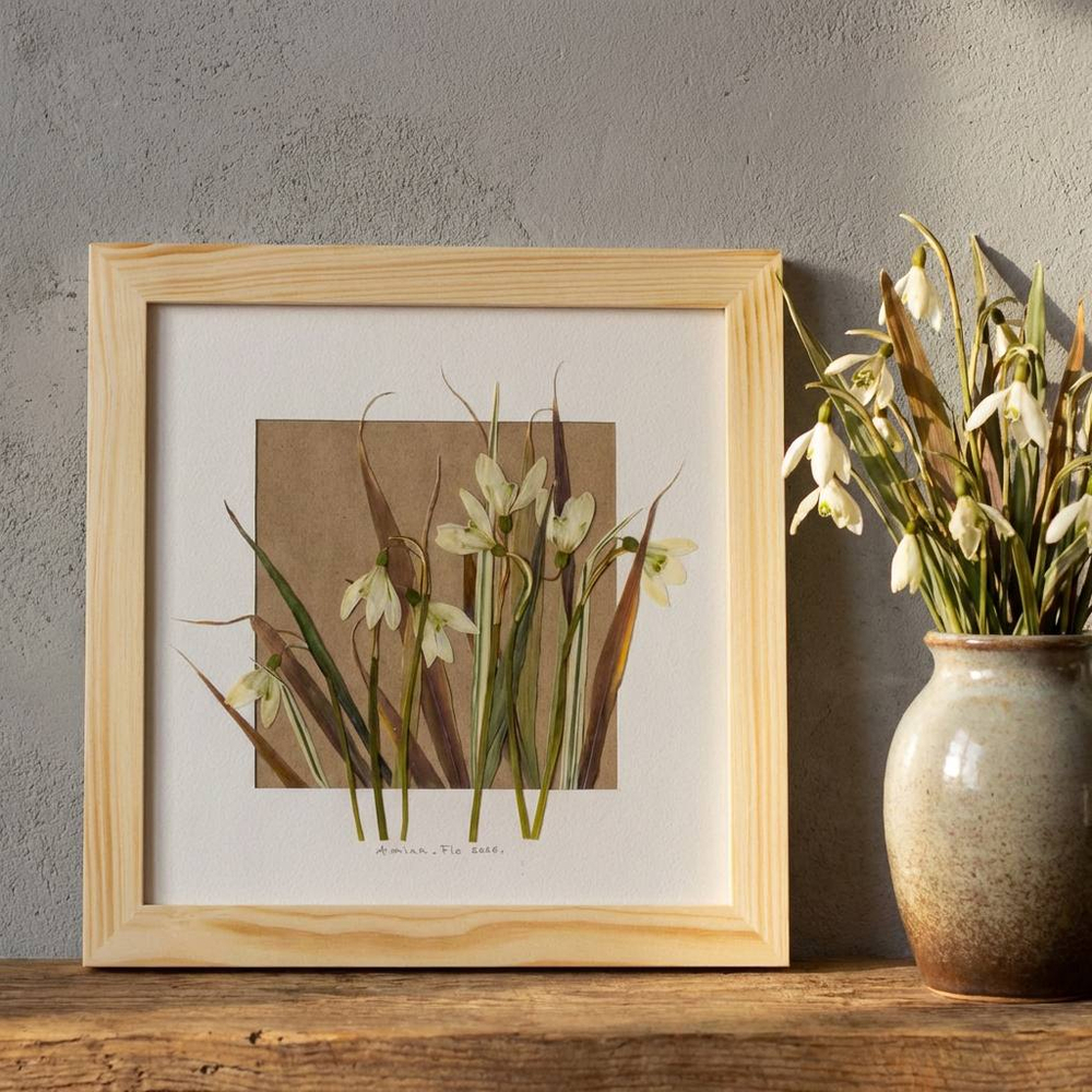 Подснежники, травка. Картина из цветов в рамке