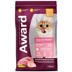 Award healthy growth сухой корм для котят от 1 месяца, беременных и кормящих кошек, с индейкой, курицей, рыбьим жиром и семенами льна - 1,5 кг