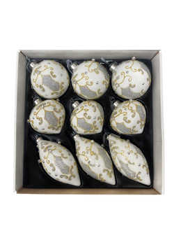 Набор елочных игрушек 8см 9шт ChristmasDeLuxe белый с серебром с орнаментом