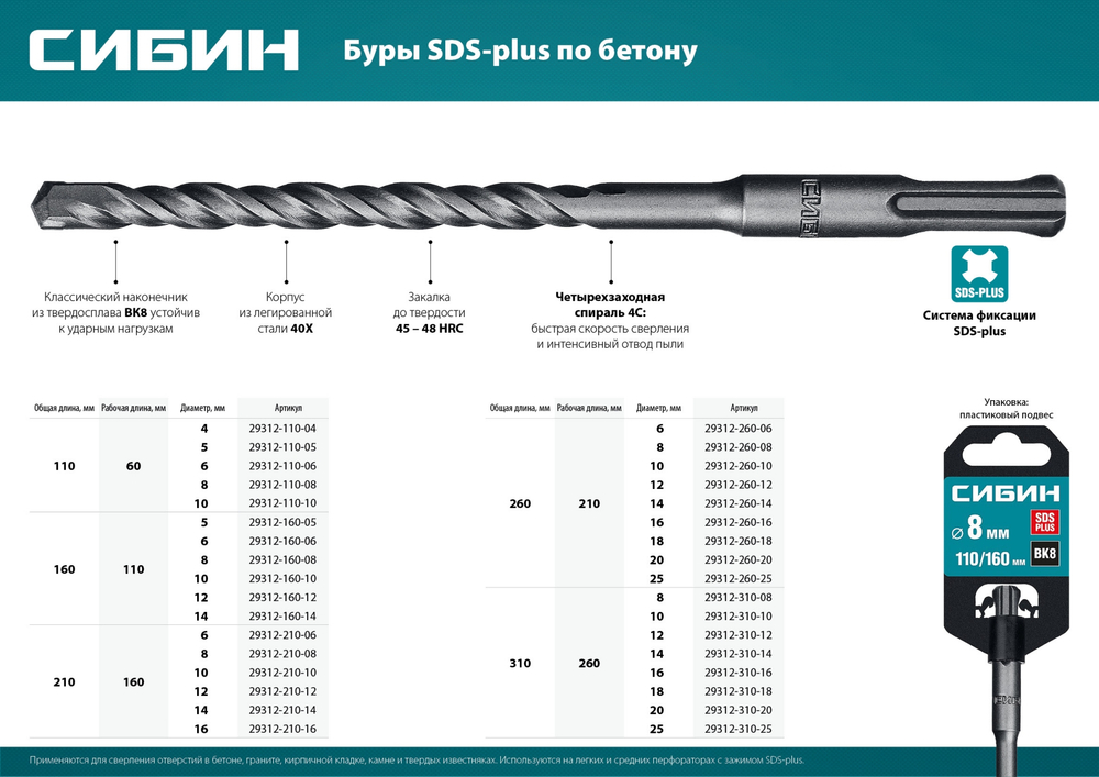 СИБИН 16 х 260 мм, SDS-plus бур (29312-260-16)