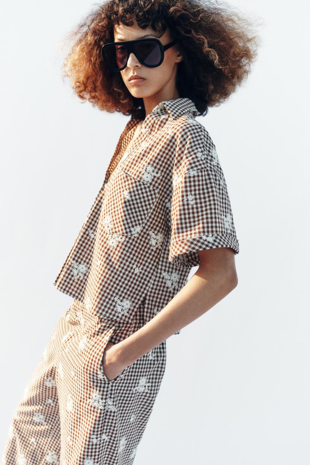 ZARA РУБАШКА В КЛЕТКУ С ВЫШИВКОЙ, КОРИЧНЕВЫЙ/ЭКРЮ