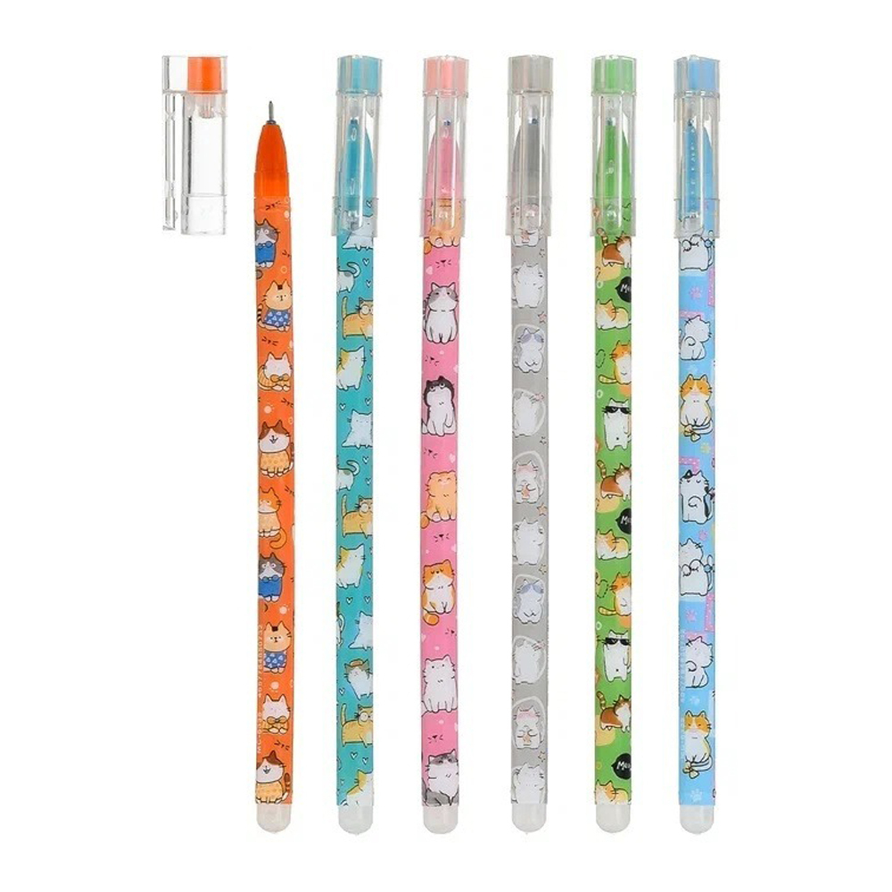 Ручка гелевая, пиши-стирай, Basir, синие чернила, серия "КОШКИ", разноцветный корпус